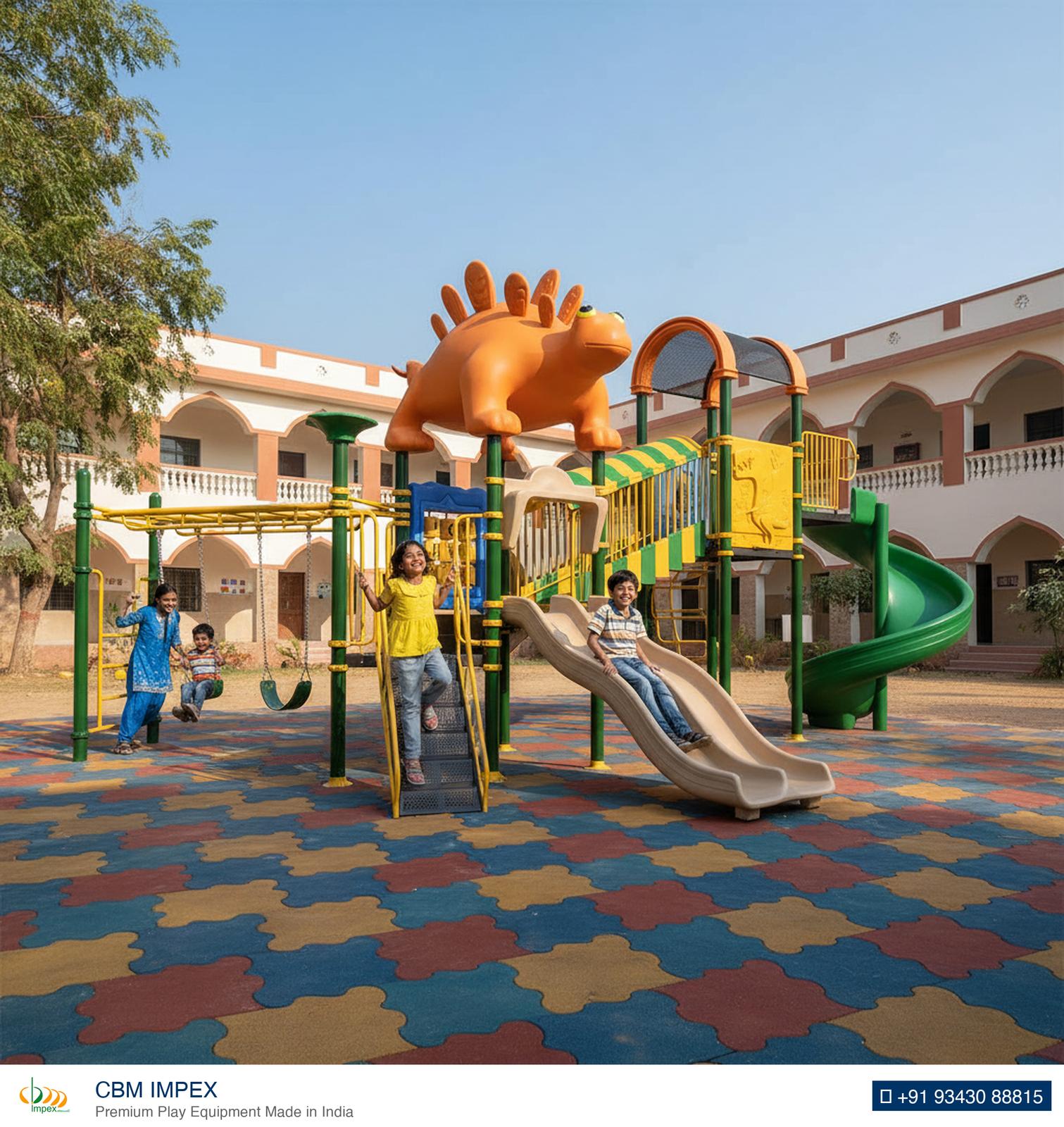 OK Play Archie dinosaur multiplay system installed in a school courtyard over EPDM rubber safety flooring.
