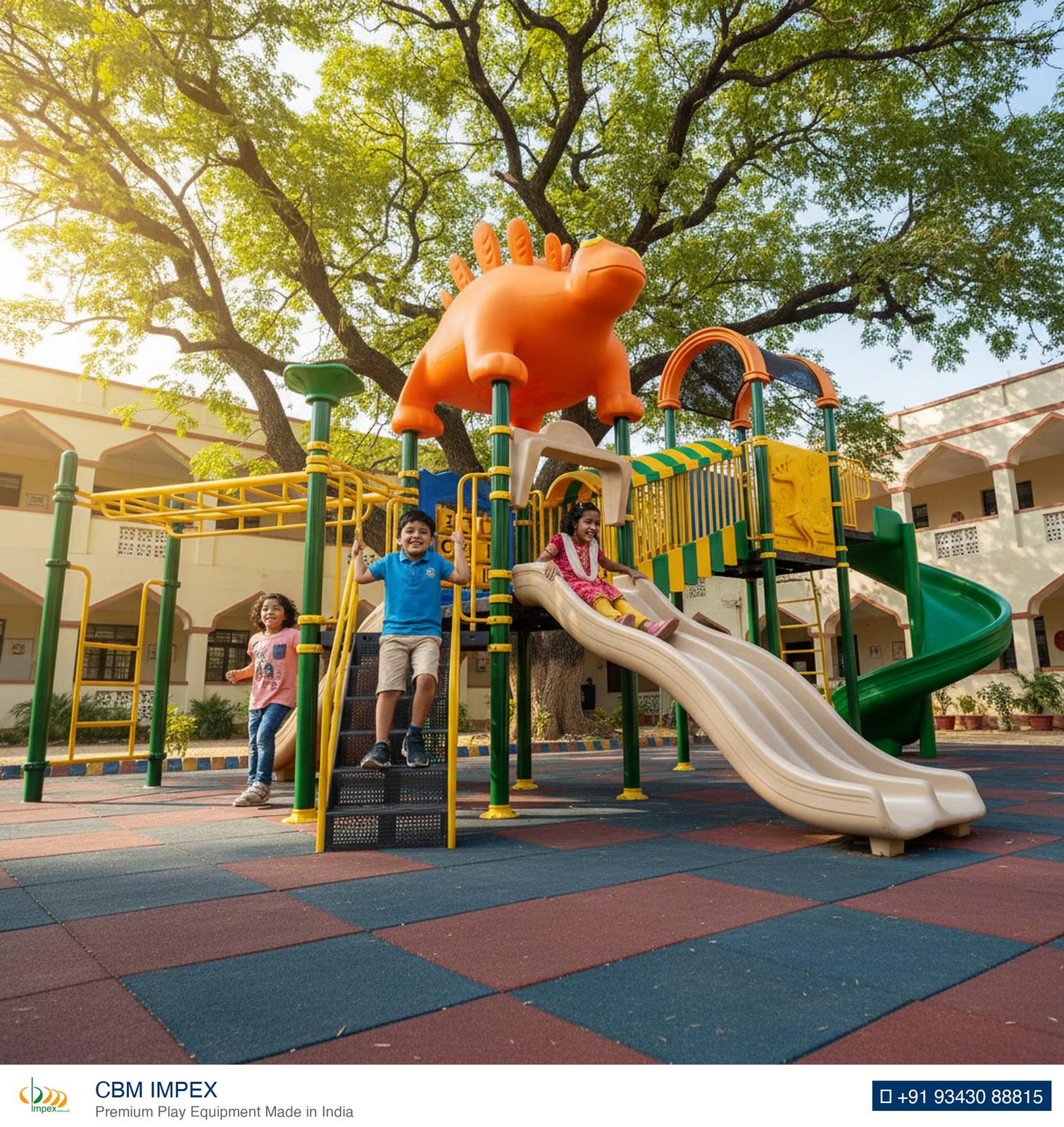 Child-level view of the OK Play Archie multiplay structure under mature shade trees.