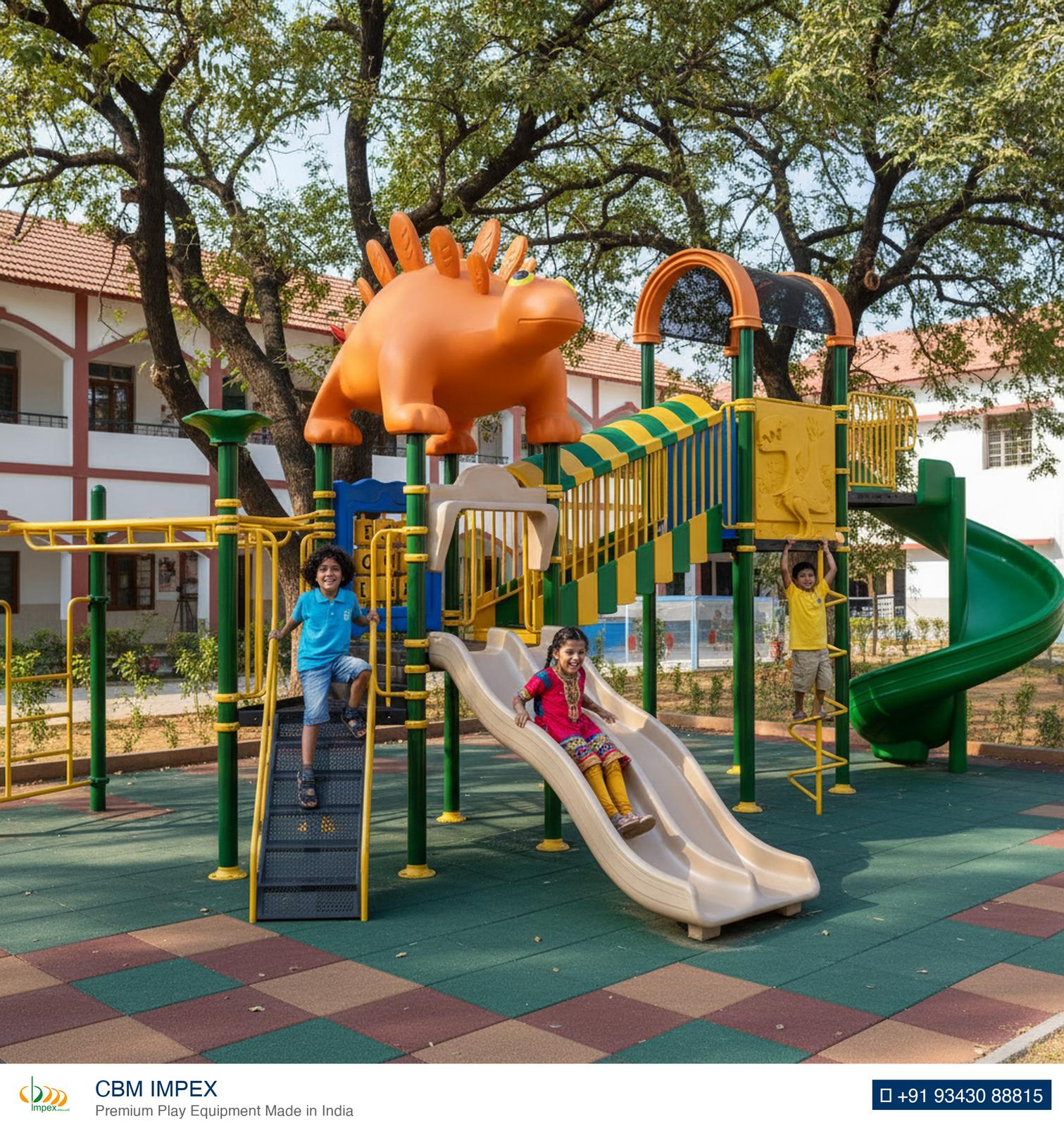Children climbing and sliding on the OK Play Archie multiplay unit with wave slide and spiral tube slide.