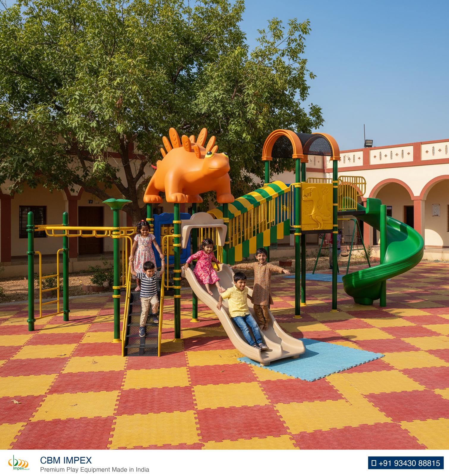 Wide view of an OK Play Archie playground installation across a school play area.