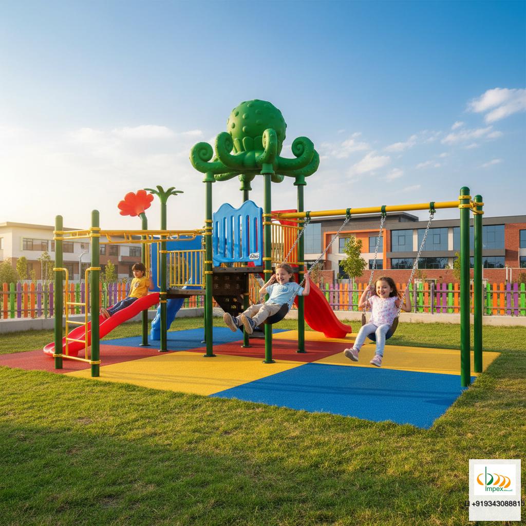 OK Play Fleur nature-themed play structure with swings and slide in an elementary school playground.