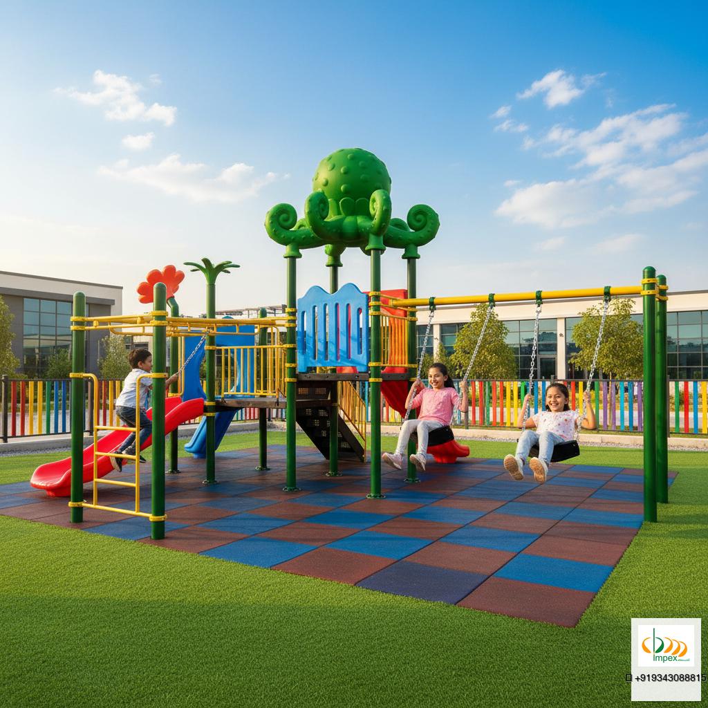OK Play Fleur octopus play system in use, showing the slide, swings and flower climber.