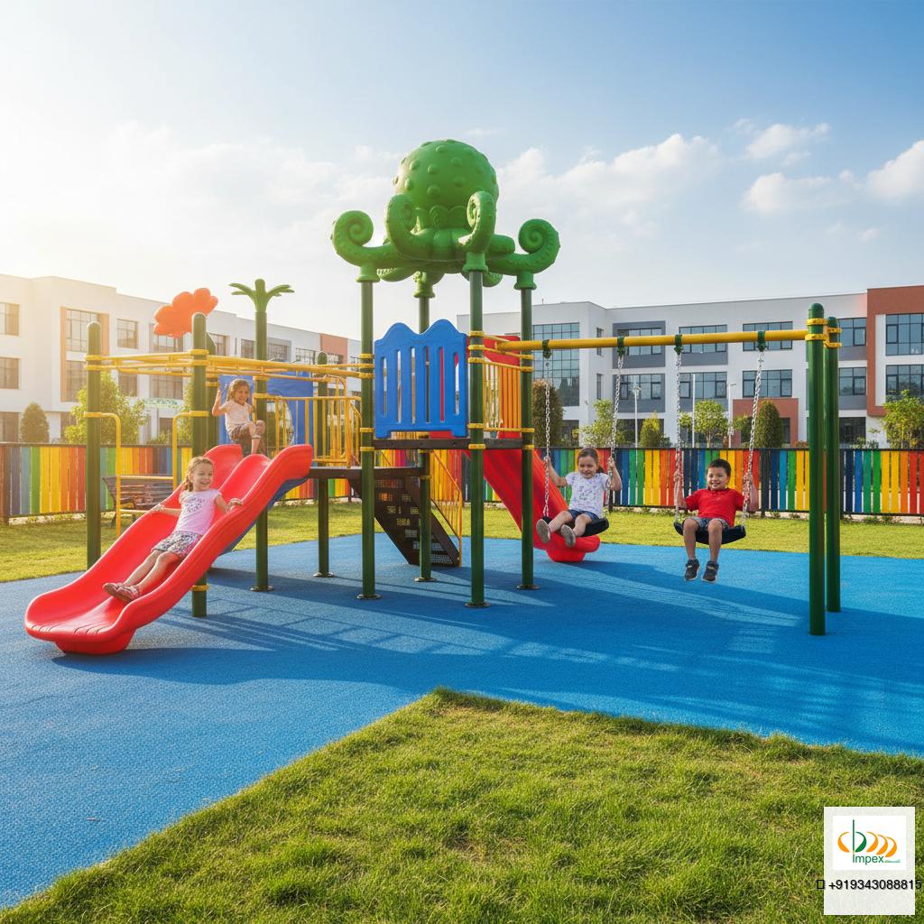 Side profile of the OK Play Fleur play structure with swing bay and slide.