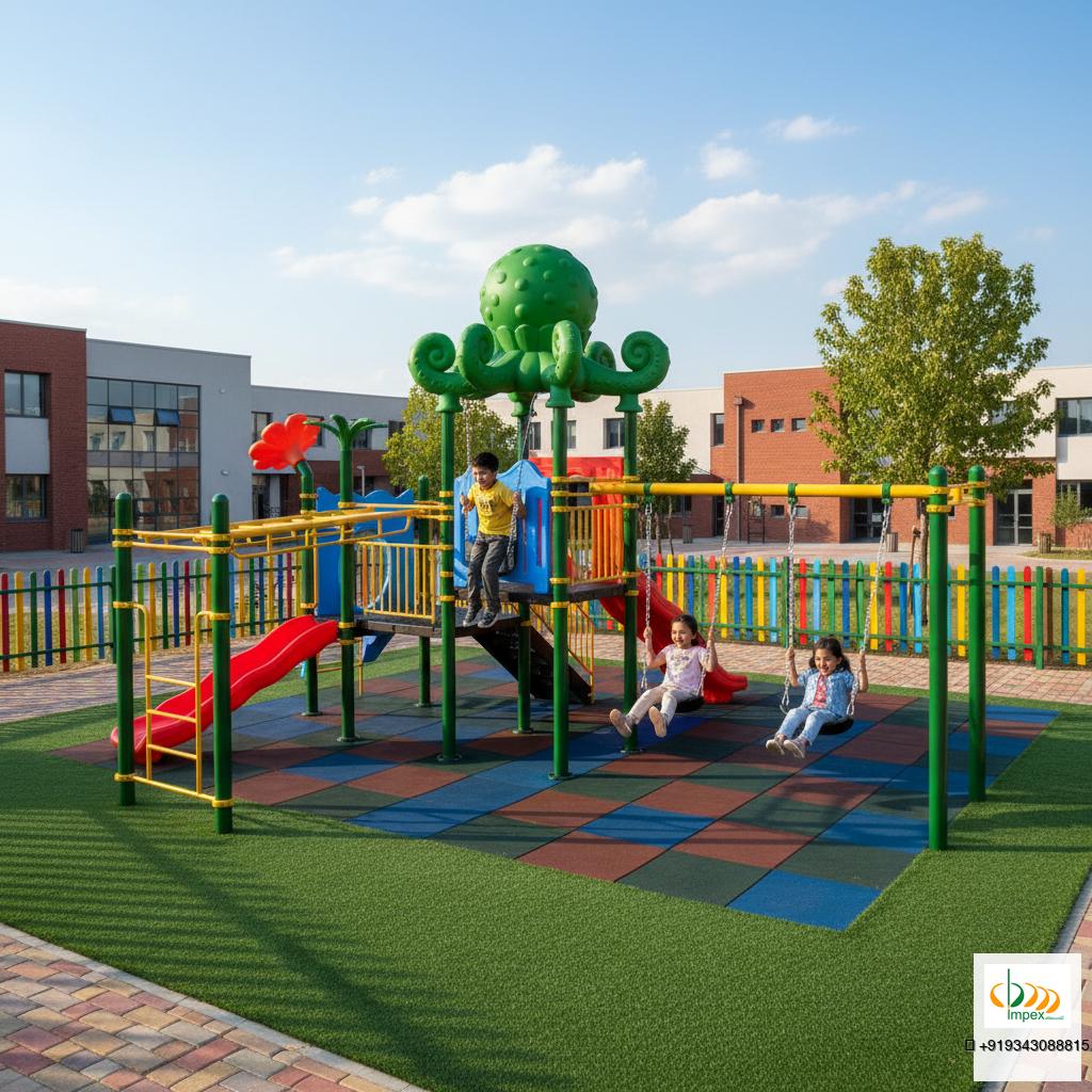 Aerial-style view of the OK Play Fleur nature play area with rubber-tile safety flooring.