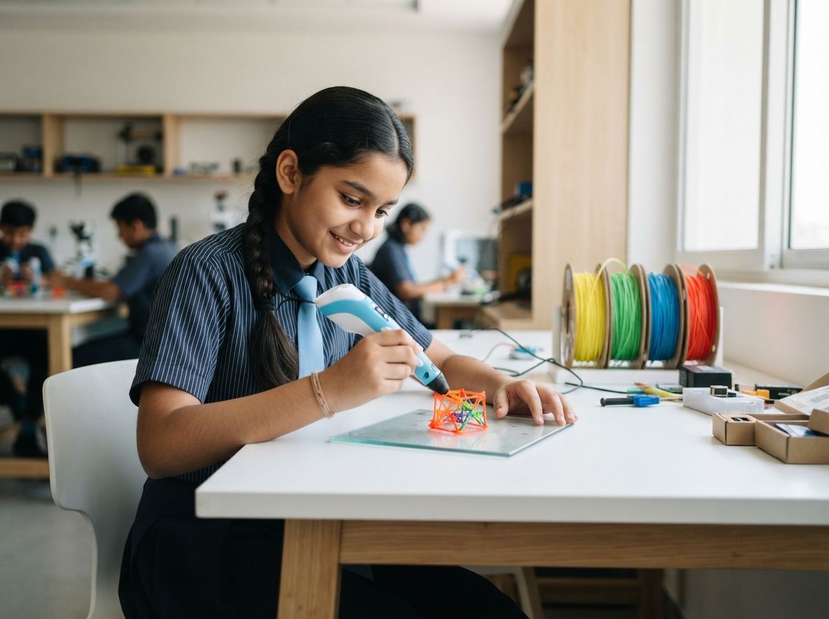 School student holding a 3D printed model beside a desktop FDM printer