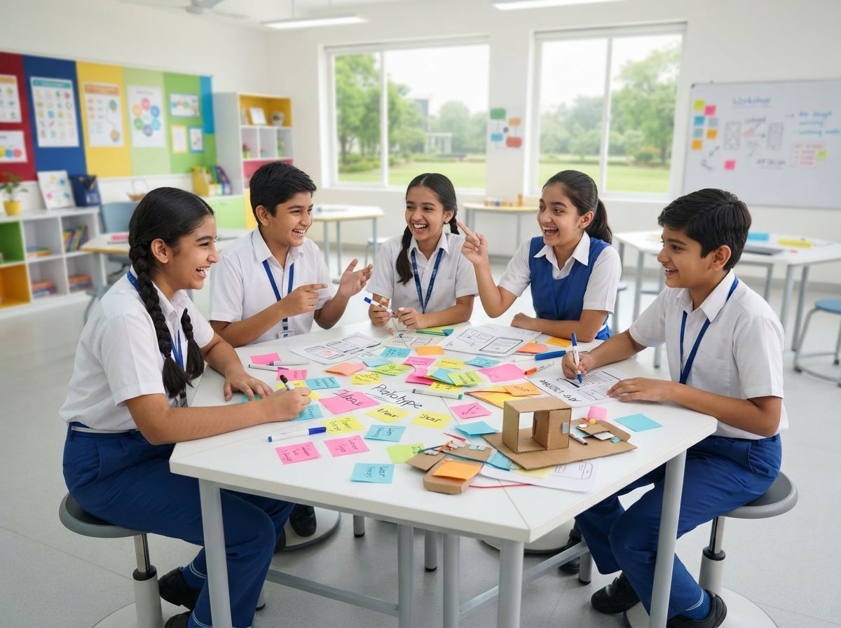 School students sketching and planning a design project at a shared table
