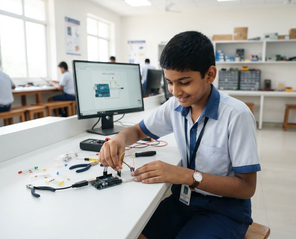 College student assembling a microcontroller-based robotics project at a workstation
