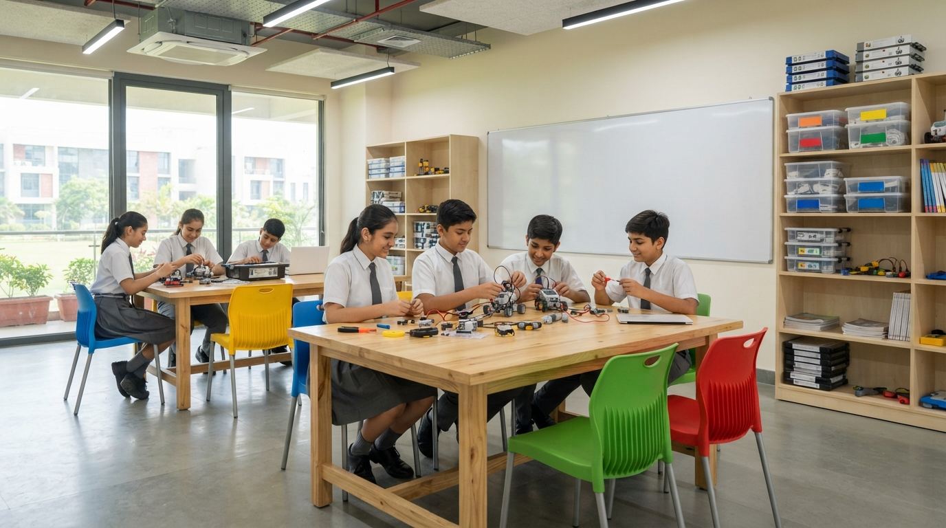 School robotics lab with hexagonal collaboration tables and storage