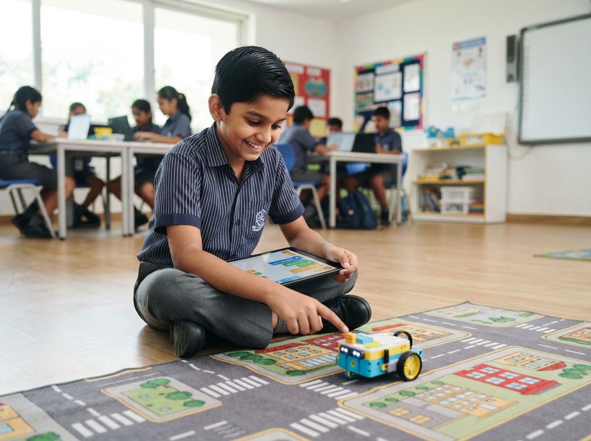 Child programming a robot car on a practice mat using a tablet