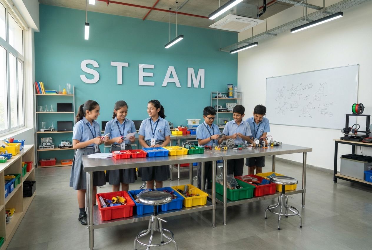 STEAM lab room in a school with workbenches and project trays
