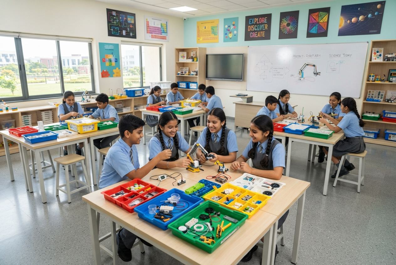 School STEM classroom with students building projects at shared worktables