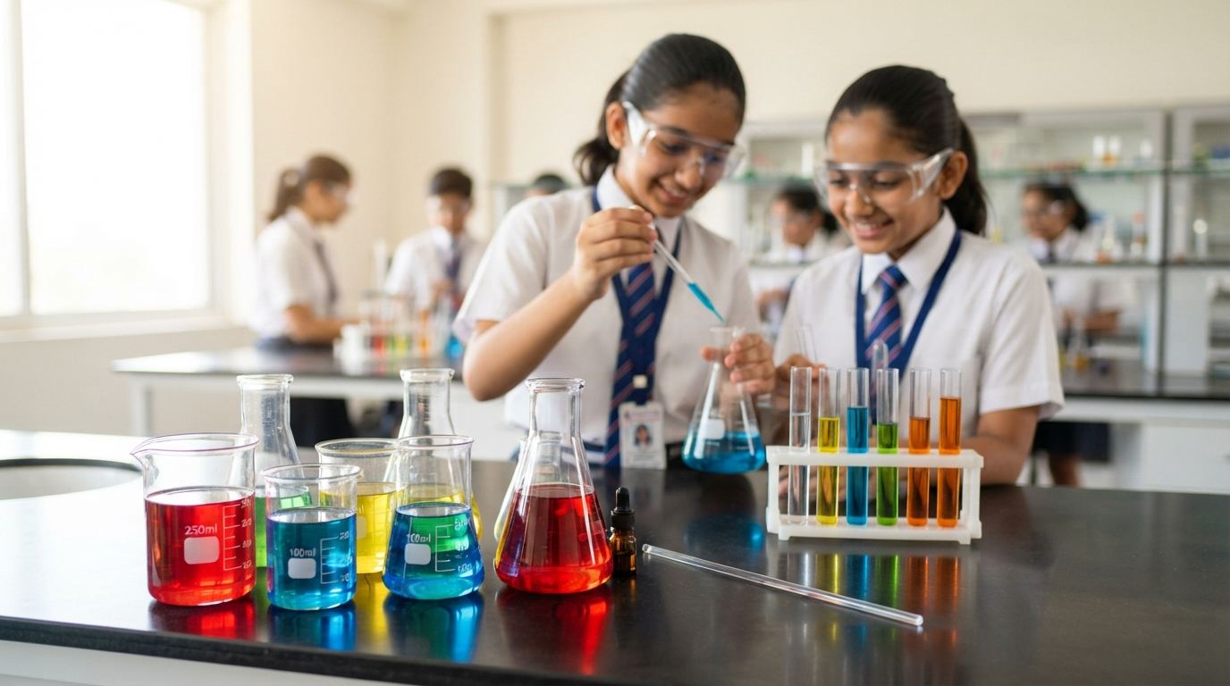 Close-up of chemistry lab glassware and titration apparatus for schools