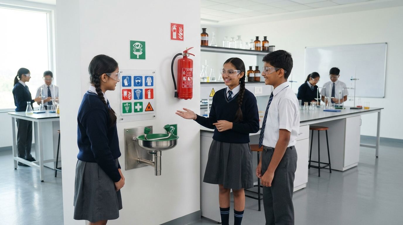 School science lab safety station with eyewash and fire safety equipment