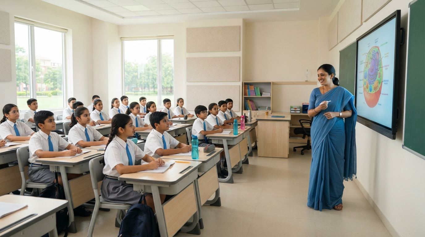 Teacher taking a lesson on a Specktron interactive panel in a modern Indian classroom
