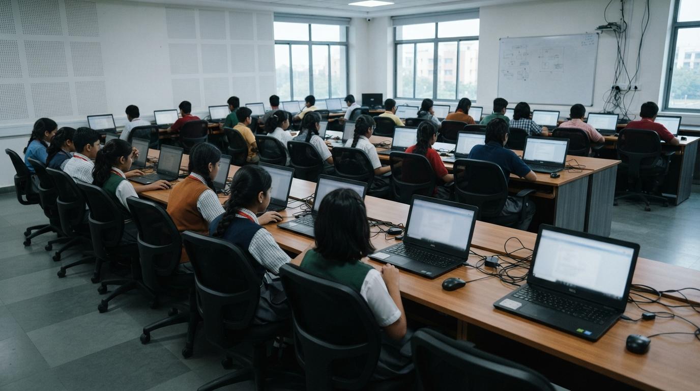 School computer lab setup with modern systems