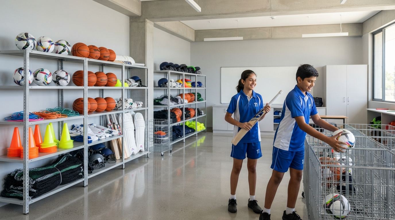 School sports equipment room with balls, cones and nets